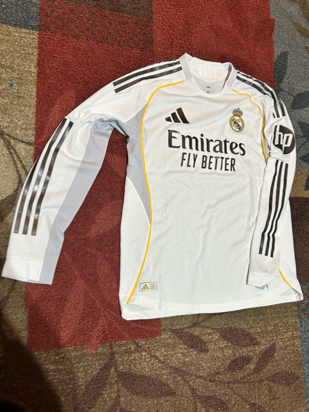 adidas White Long Sleeve Soccer Jersey with Yellow Piping